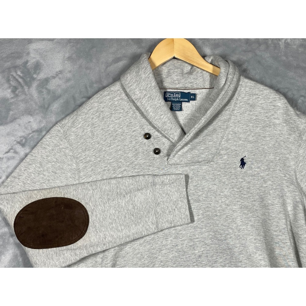 Polo Ralph Lauren Mens XL Gray Shawl Collar Pullover Sweatshirt Elbow Patches